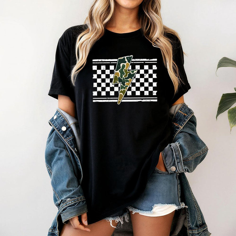Checkered Camo Lightning Bolt T-Shirt | Distressed Graphic Print | 100% Soft Cotton Tee | Trendy Unisex Hunting Gift for Mom or Her