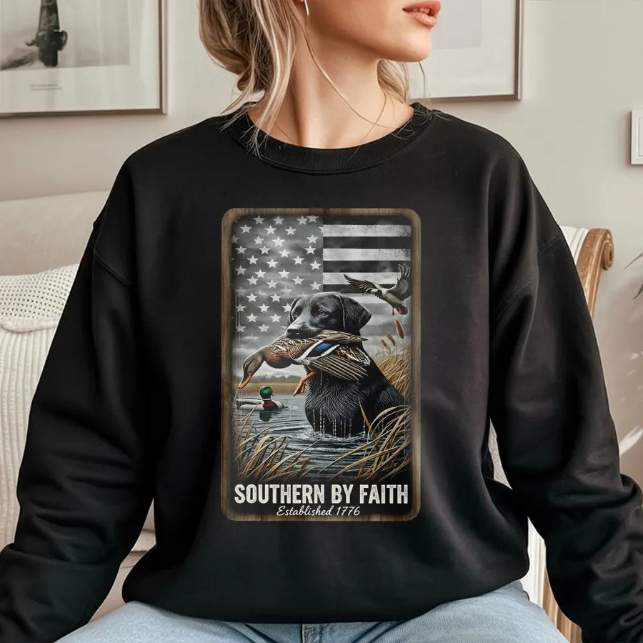 Black Lab Hunting Sweatshirt | Patriotic American Flag Duck Retriever Design | Premium Cotton Blend | Gift for Hunter & Outdoorsman