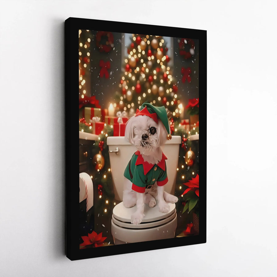 Funny Maltese Dog Christmas Wall Art | Elf Costume Toilet Scene Print | 1.25 Inch Gallery Wrap Canvas | Humorous Holiday Home Decor Gift