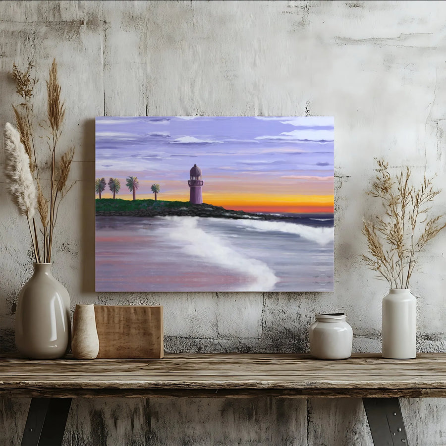 Coastal Lighthouse Canvas Wall Art | Sunset Ocean Palm Trees Painting | 1.25-Inch Gallery Wrap | Nautical Home Decor Gift for Beach Lovers