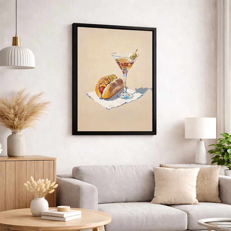 Hot Dog and Martini Canvas Wall Art | Whimsical Foodie Oil Painting Style | 1.25" Premium Gallery Wrap | Kitchen Decor and Bar Wall Art Gift