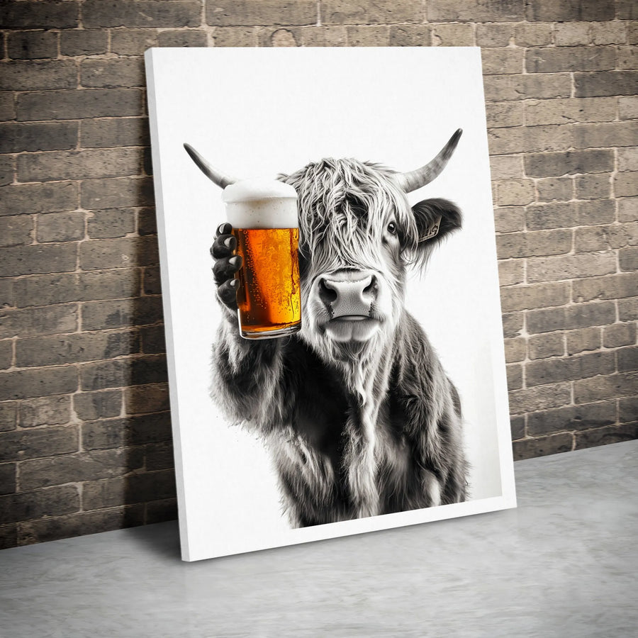 Highland Cow Wall Art | Funny Beer Drinking Farmhouse Canvas | Gallery Quality Premium Print | Unique Gift For Beer Lovers And Home Decor
