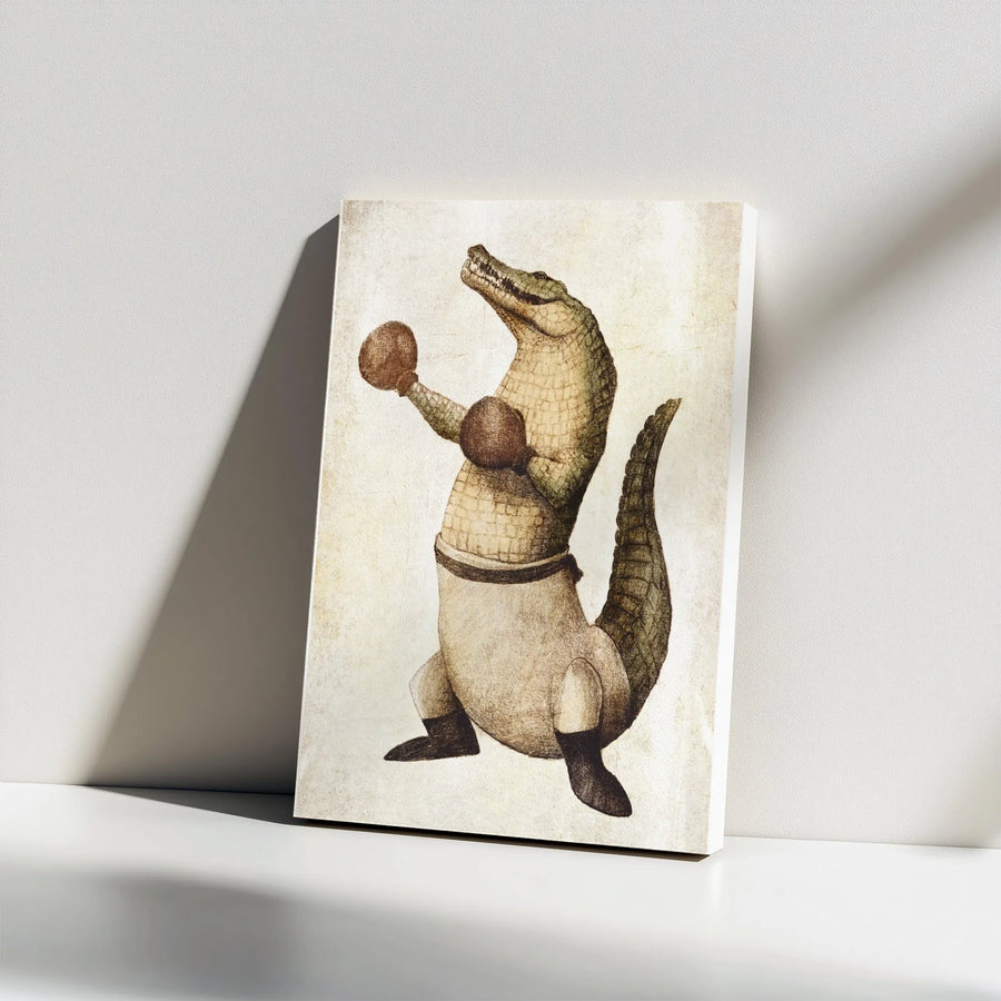 Boxing Alligator Vertical Canvas | Vintage Animal Boxer Illustration | Premium Thick Gallery Wrap | Collector's Gift for Fighter & Man Cave Decor