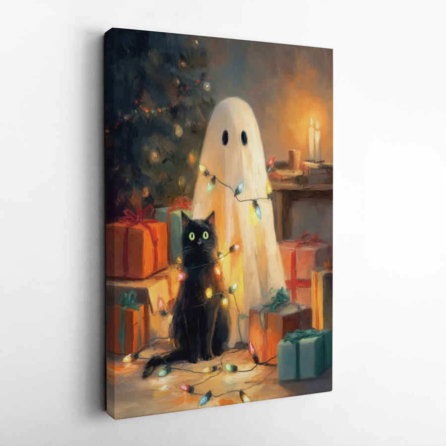 Ghost and Black Cat Christmas Canvas Wall Art | Spooky Cute Holiday Lights Painting | Gallery Wrap Wooden Frame | Festive Home Decor Gift