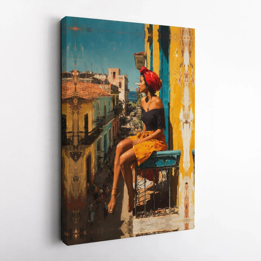Cuban Woman Wall Art | Colorful Havana Balcony Scene Canvas Print | Premium Gallery Quality Art | Collector's Gift for Living Room Decor