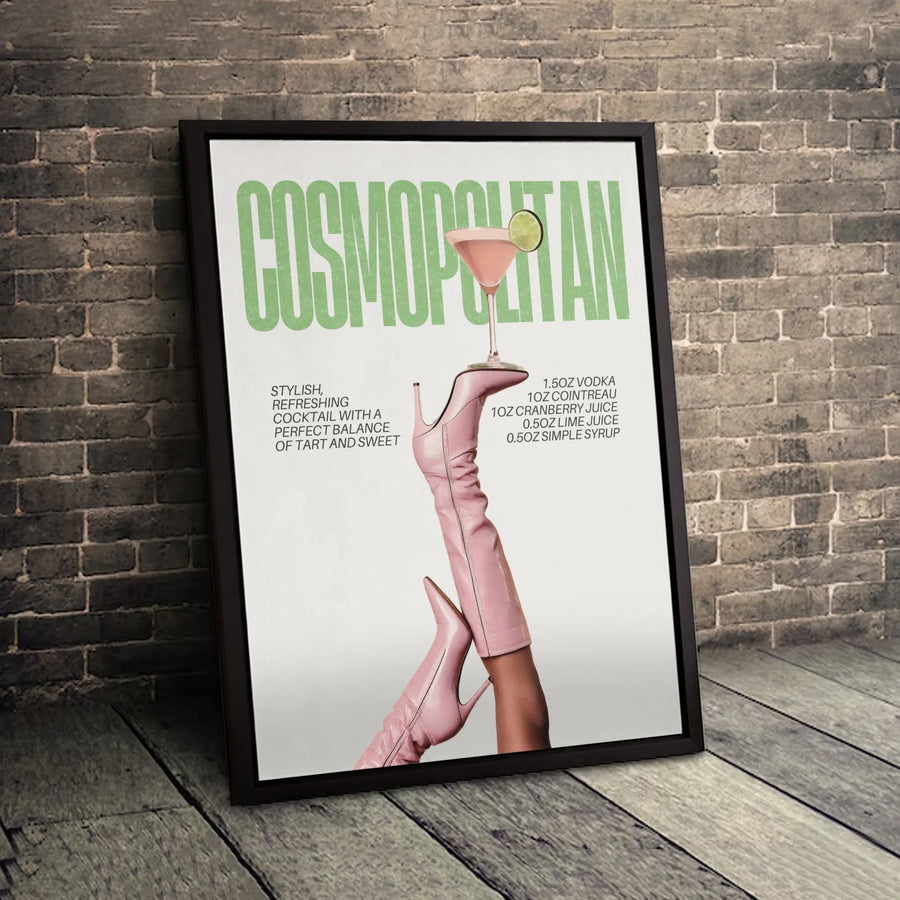 Cosmopolitan Cocktail Poster | Pink Stiletto Boots Recipe Art | Gallery-Quality Canvas Print | Chic Bar Cart Kitchen Wall Decor Gift