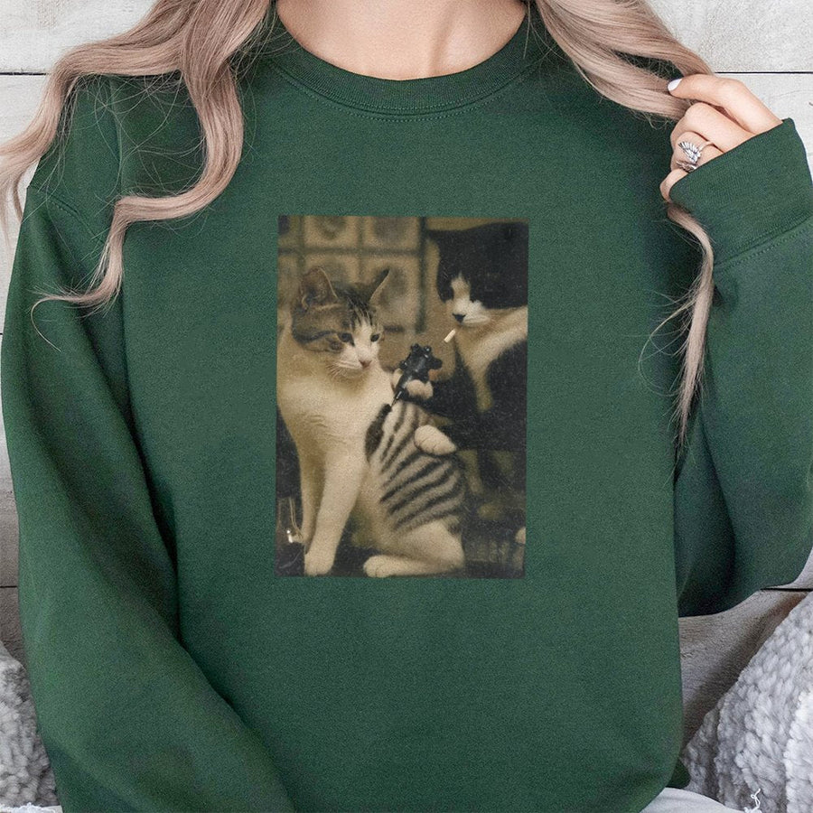Tattoo Artist Cat Sweatshirt | Funny Retro Kitty Graphic Design | Soft Cotton Blend Unisex Pullover | Unique Gift for Cat Lovers & Tattoo Enthusiasts