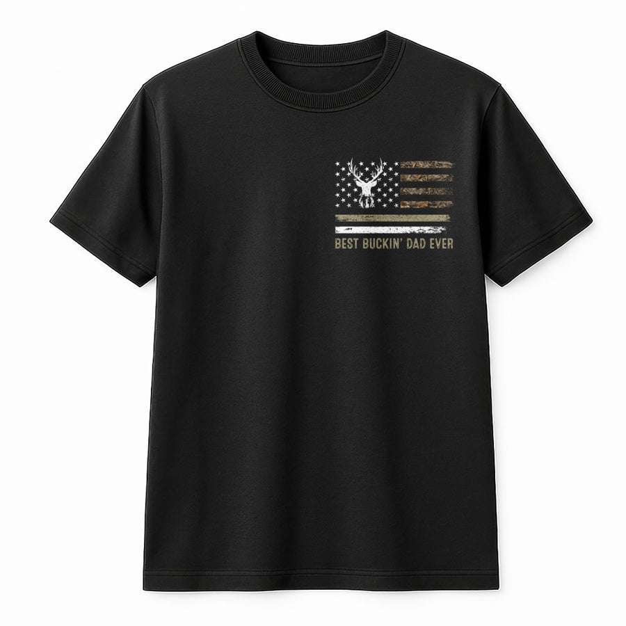 Best Buckin Dad Ever T-Shirt | Camo Hunting Flag Design | 100% Cotton Premium Tee | Funny Father's Day 2026 Gift for Hunter Dads