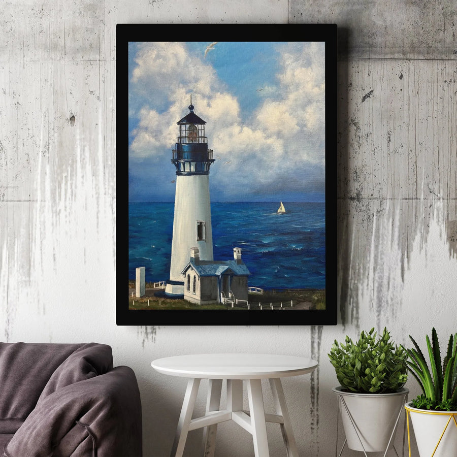 Coastal Lighthouse Wall Art | Nautical Oil Painting Style Print | 1.25 Inch Gallery Wrap Canvas | Premium Beach House Decor Gift
