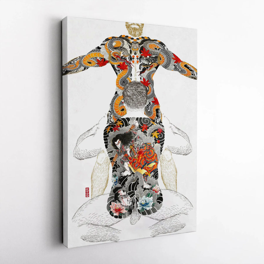 Japanese Irezumi Tattoo Canvas Wall Art | Samurai and Dragon Graphic Print | Premium 1.25" Gallery Wrap | Unique Gift for Tattoo Enthusiasts