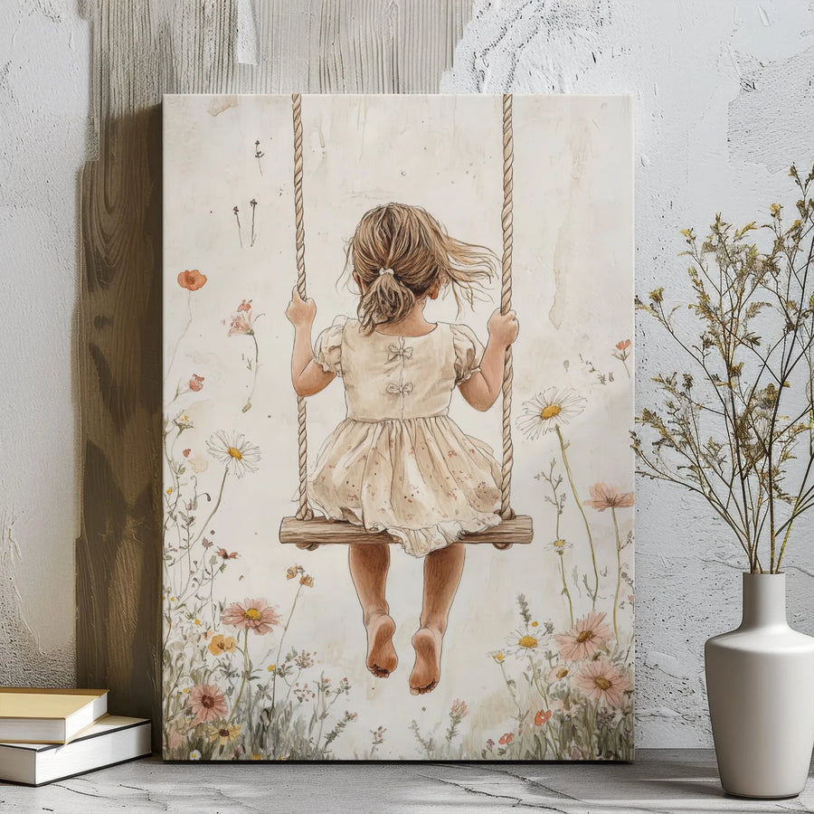 Girl On Swing Canvas Wall Art | Watercolor Wildflower Field Print | Premium 1.25" Gallery Wrap | Whimsical Nursery & Home Decor Gift