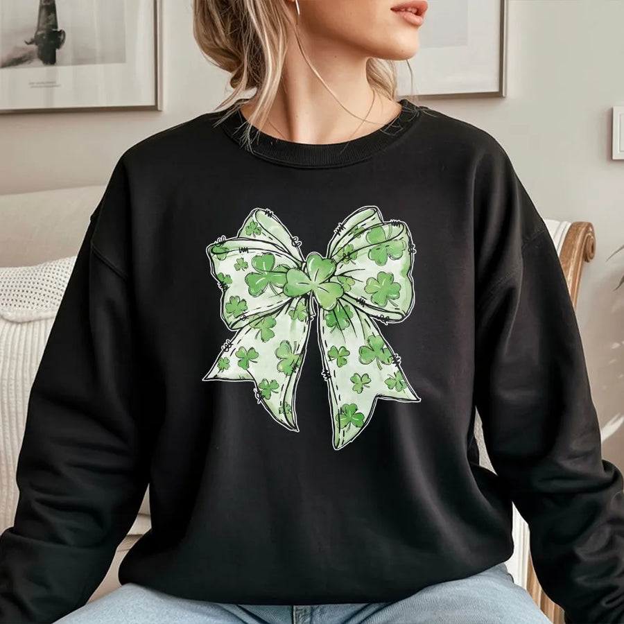 St Patricks Day Shamrock Bow Sweatshirt | Watercolor Irish Clover Graphic | Premium Cotton Blend | Lucky Gift For Her
