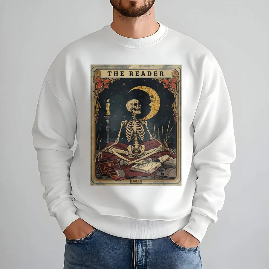 The Reader Tarot Card Shirt | Vintage Skeleton Reading Book Graphic | Premium Comfort Colors Tee | Gift for Book Lovers and Librarians