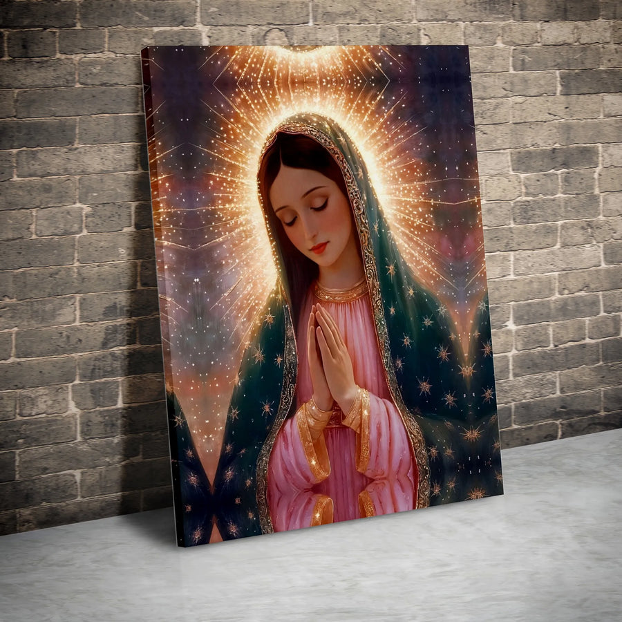 Virgin Mary Our Lady of Guadalupe Vertical Canvas | Blessed Mother Praying with Golden Light Halo | Premium Fade-Resistant Frameless Gallery Print | Devotional Catholic Gift & Christian Wall Art