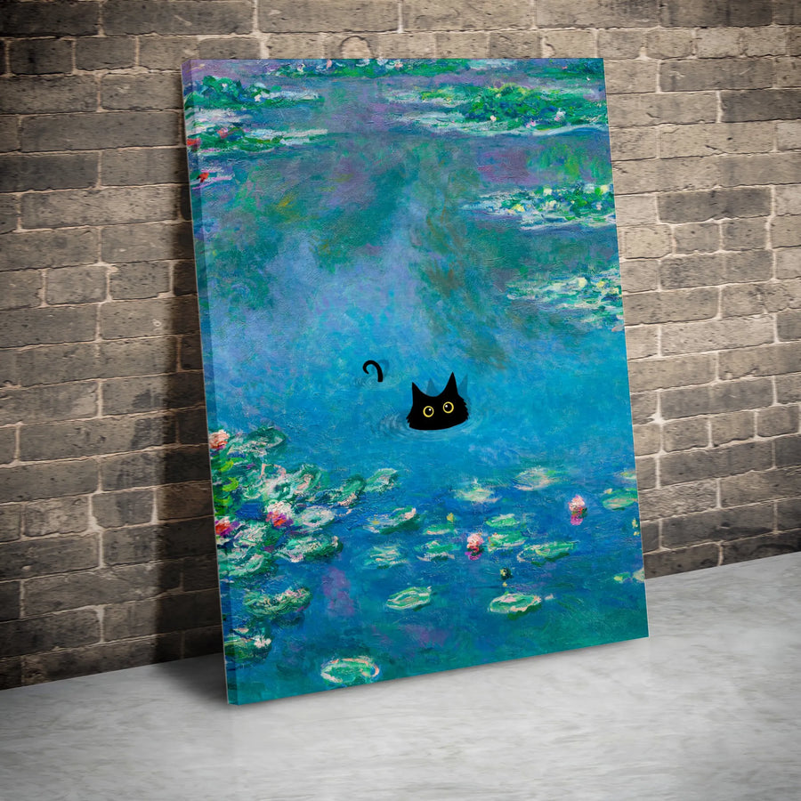 Black Cat Wall Art | Impressionist Water Lilies Pond Painting | Premium Gallery-Wrap Canvas Print | Unique Gift for Cat Lovers & Art Enthusiasts