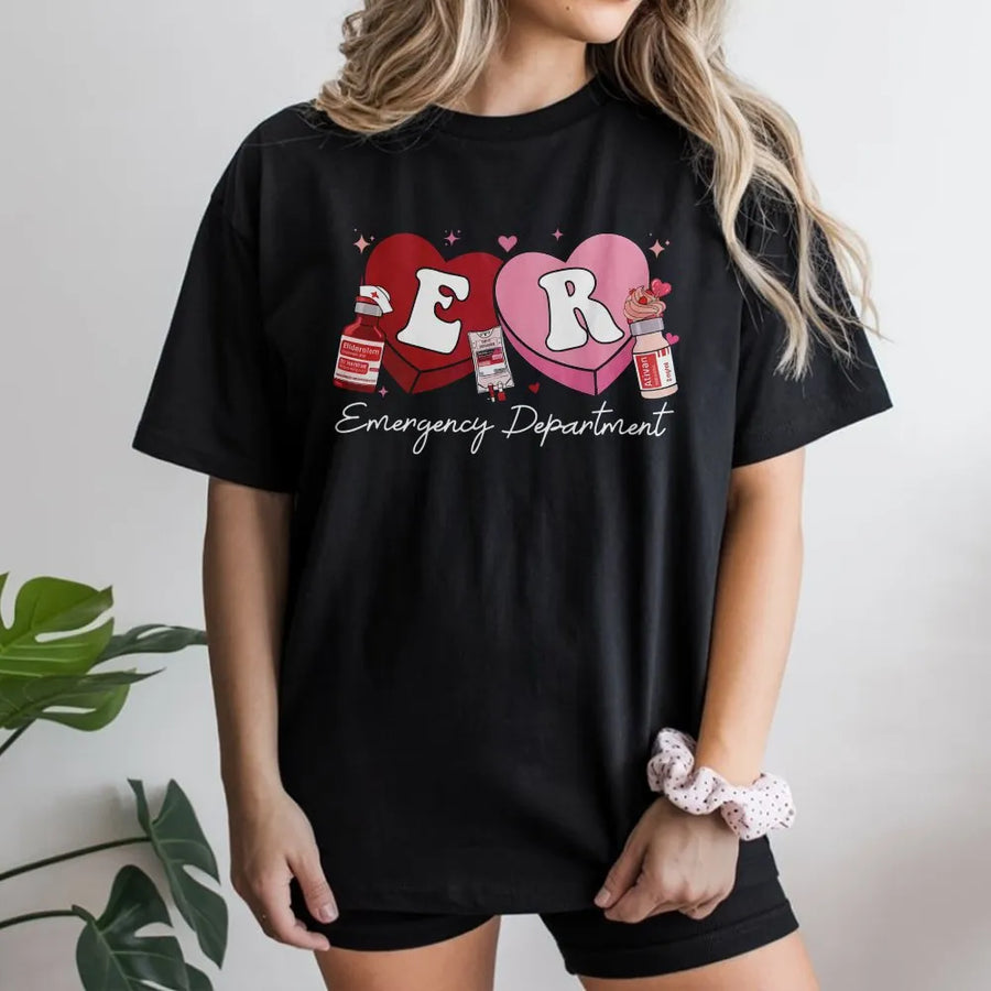 ER Candy Heart T-Shirt | Medical Valentine Graphic Tee | Soft Cotton Nurse Gift | Emergency Department Crewneck Apparel