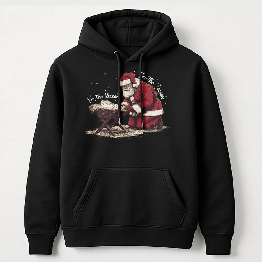 Jesus Is The Reason Christmas Hoodie | Santa Kneeling at Nativity Scene | Soft Cotton Blend Sweatshirt | Christian Holiday Gift for Men Women