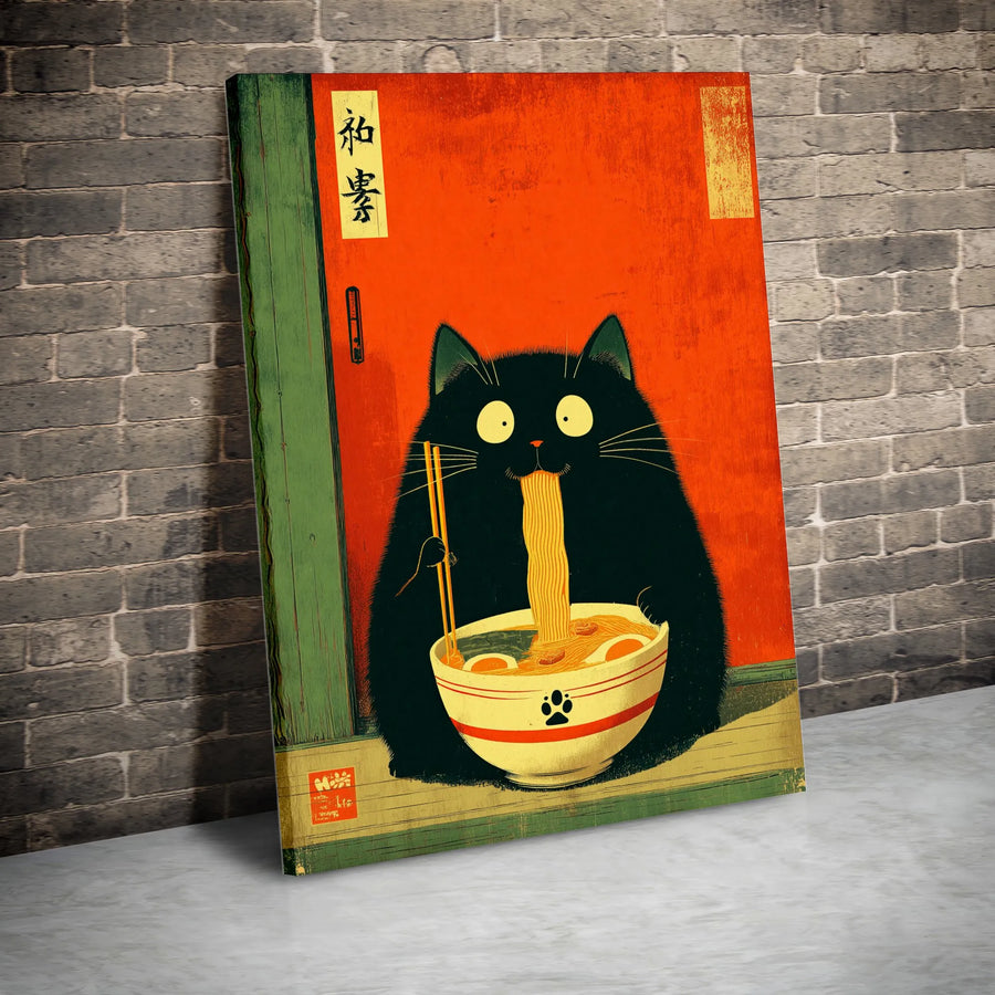 Black Cat Ramen Canvas Print | Japanese Ukiyo-E Wall Art | Premium Gallery Wrapped | Cute Kitchen & Dining Room Gift for Cat Lovers