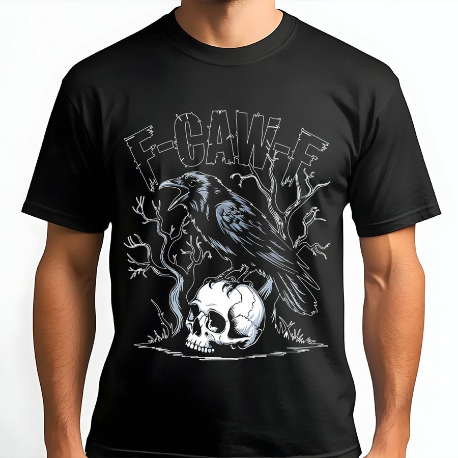 Raven Skull Graphic T-Shirt | F-Caw-F Funny Bird Pun Design | Premium Soft Cotton Tee | Gothic Aesthetic Gift For Bird Lovers