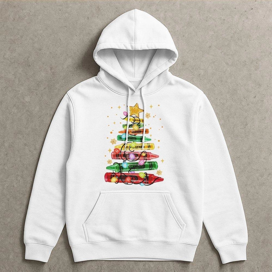 Christmas Crayon Tree Hoodie | Teacher Holiday Graphic Sweatshirt | Soft Cotton-Blend | Perfect Gift for Educators & Art Teachers