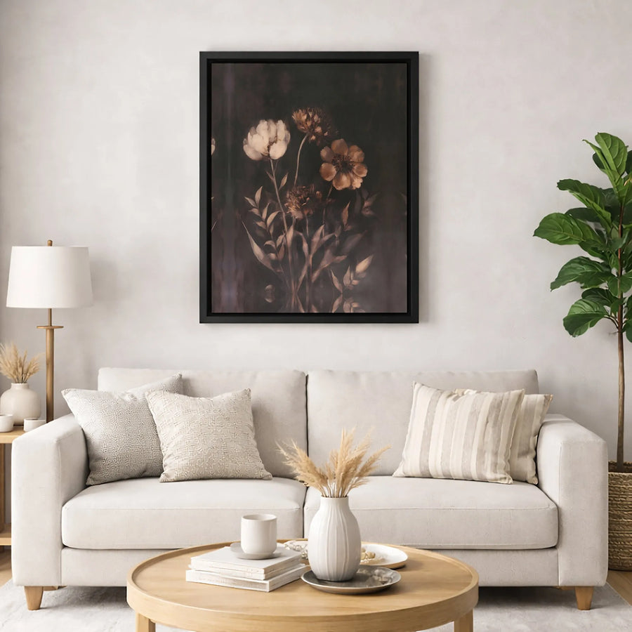 Moody Dark Floral Wall Art | Vintage Botanical Sepia Flower Print | Gallery Quality Framed Canvas | Sophisticated Home Decor Gift