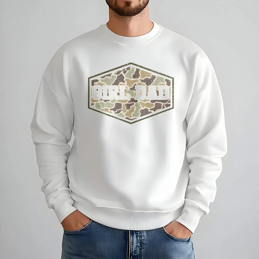 Camo Girl Dad Sweatshirt | Distressed Hunting Graphic Crewneck | Premium Cotton Blend | Fathers Day Gift for Outdoorsman & Hunter Dad