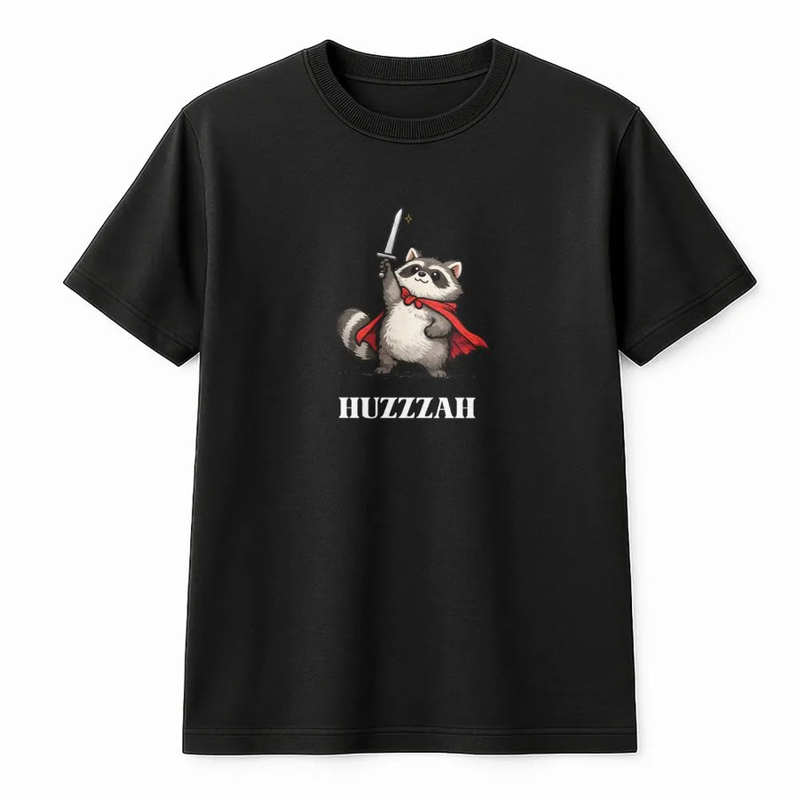 Raccoon Knight Graphic Tee | Huzzzah Medieval Warrior Humor | Soft Cotton Shirt | Funny Meme Aesthetic Gift for Fantasy Fans