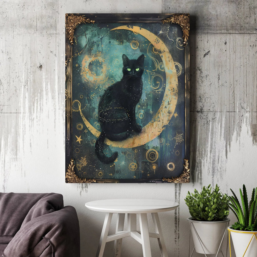 Celestial Black Cat Canvas Art | Green Eyed Cat on Crescent Moon with Vintage Ornate Frame | Premium Gallery Wrapped Canvas | Witchy Gothic Home Decor Gift
