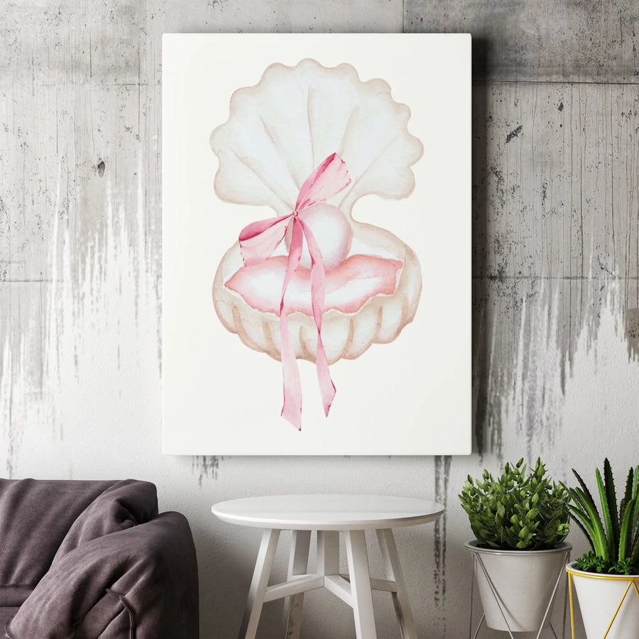 Seashell Pearl Wall Art | Watercolor Coastal Decor with Pink Bow | Premium Gallery Wrap Canvas | Elegant Nursery or Bedroom Gift