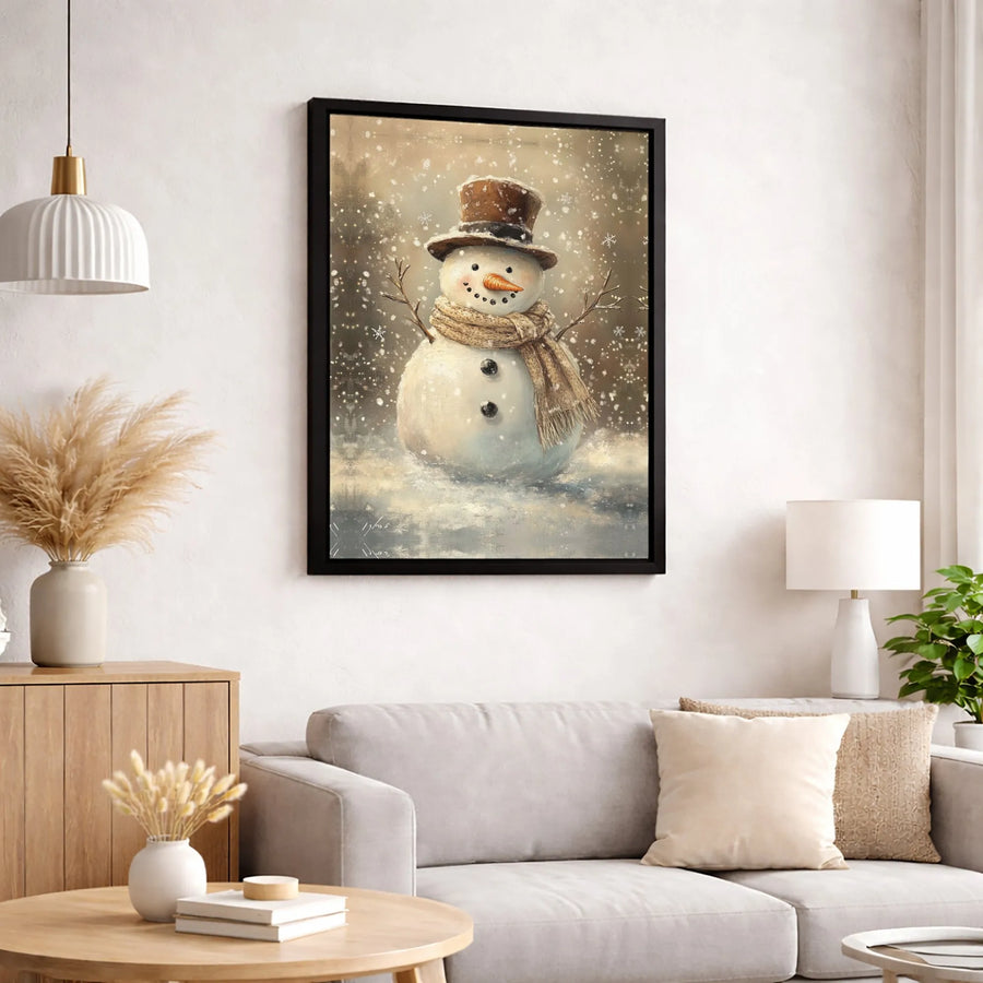 Vintage Snowman Wall Art | Winter Holiday Painting with Top Hat | Premium 1.25" Gallery Canvas | Festive Christmas Home Decor