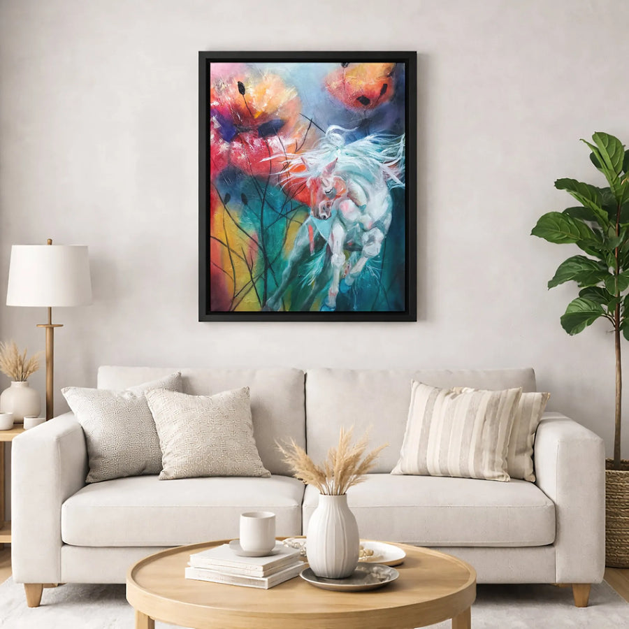 Running White Horse Canvas Print | Abstract Floral Wall Art | 1.25 Inch Gallery Wrap | Modern Home Decor Gift