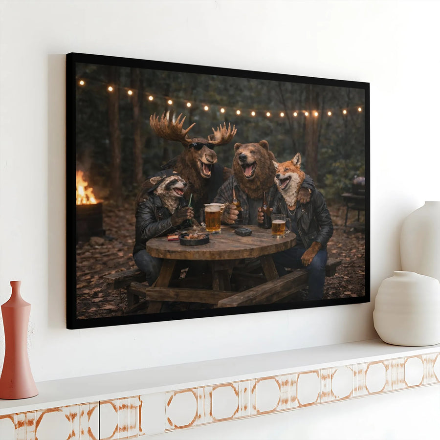 Funny Animal Wall Art | Biker Moose, Bear, Fox & Raccoon Drinking Beer | Premium Canvas Print | Man Cave & Cabin Decor Gift for Him