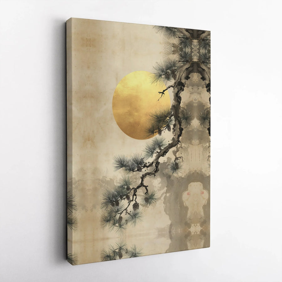 Japanese Pine Tree Canvas Wall Art | Golden Moon Sumi-e Painting | Premium Thick Gallery Wrap | Minimalist Zen Home Decor Gift