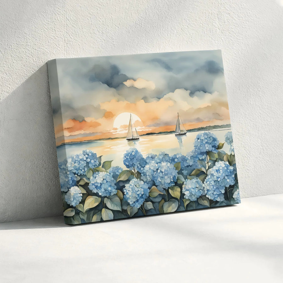 Blue Hydrangea Sailboat Canvas Art | Sunset Coastal Seascape Print | Gallery-Quality 1.25-Inch Frame | Beach House Wall Decor Gift