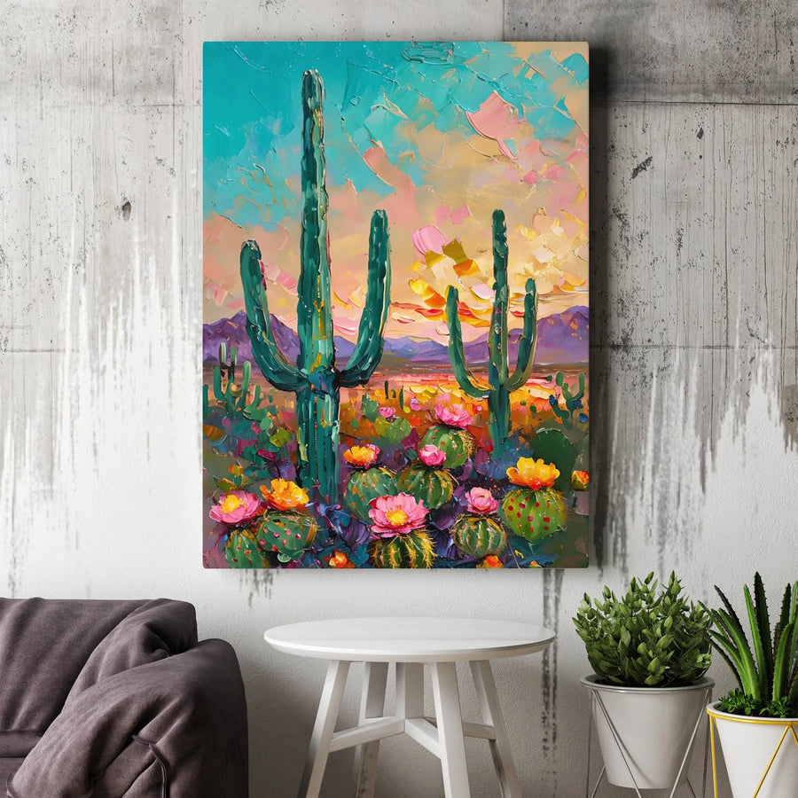 Colorful Desert Landscape Canvas Print | Saguaro Cactus Impasto Oil Painting Style | 1.25 Inch Gallery Wrap | Modern Boho Southwestern Home Decor