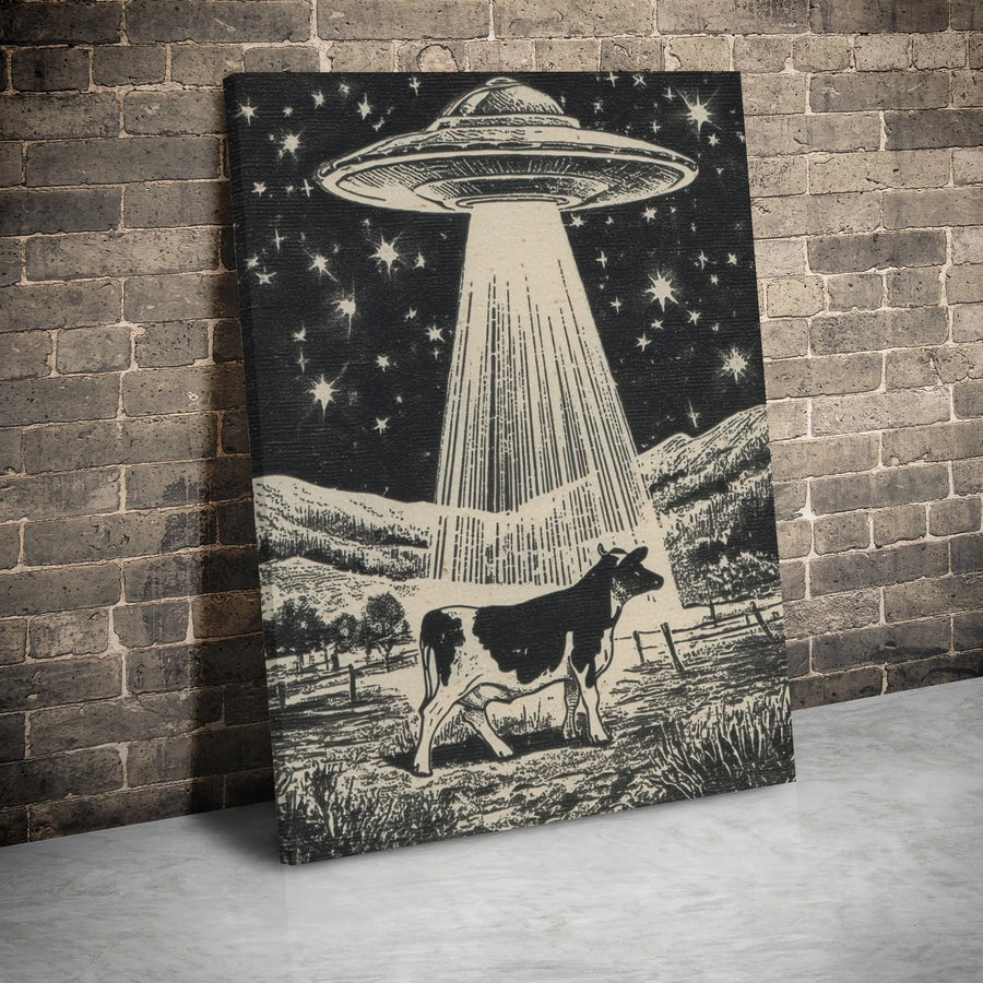 UFO Cow Abduction Canvas Print | Vintage Etching Sci-Fi Wall Art | Gallery Wrapped 1.25 Inch Premium Decor | Unique Gift for Alien Enthusiasts