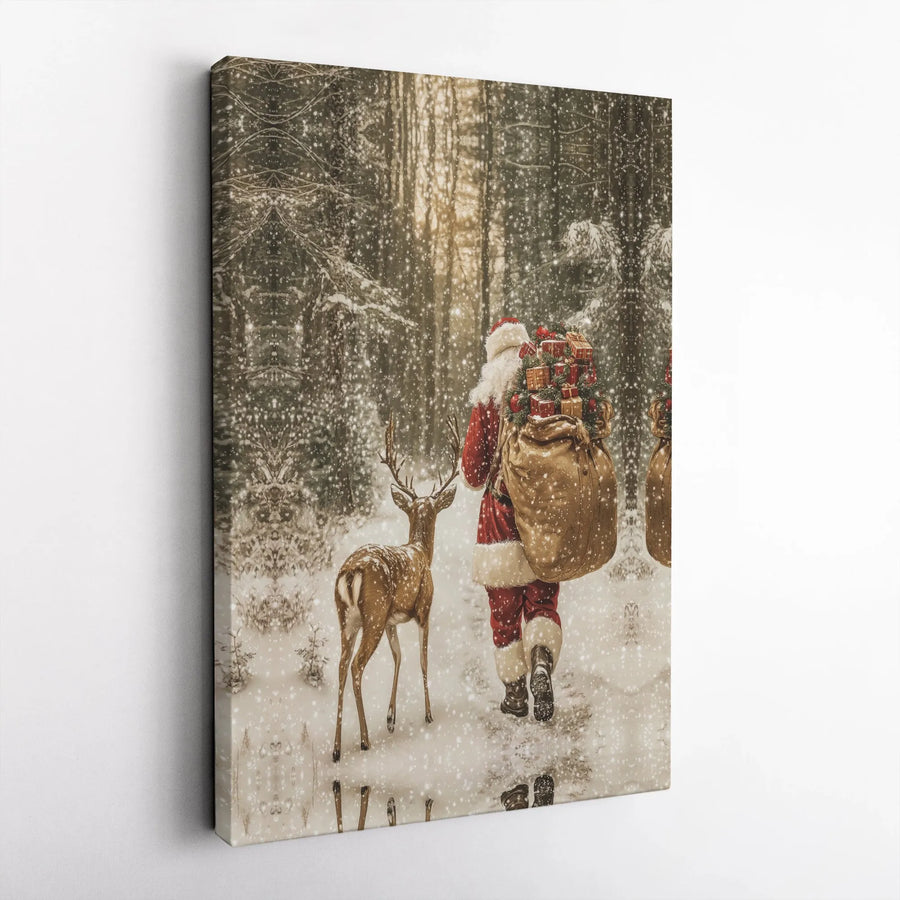 Santa Claus With Reindeer Canvas Wall Art | Snowy Forest Winter Wonderland Scene | Premium Gallery Wrap Print | Christmas Holiday Home Decor Gift