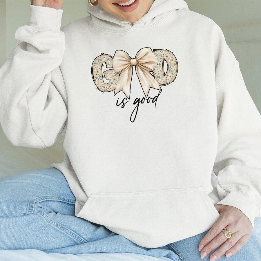 God Is Good Hoodie | Floral Letter Design with Bow | Premium Cotton Blend | Christian Faith Gift for Women & Teens