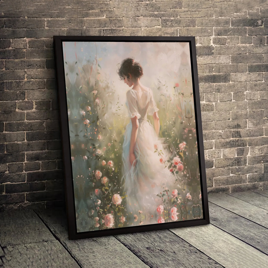Ethereal Woman In White Dress Canvas Print | Romantic Rose Garden Wall Art | Premium Gallery-Wrapped 1.25" Profile | Whimsical Home Decor Gift