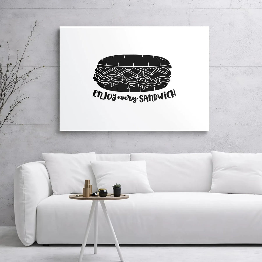 Enjoy Every Sandwich Canvas Art | Minimalist Black And White Illustration | Premium Gallery Wrap Decor | Fun Kitchen Wall Art Gift For Foodies