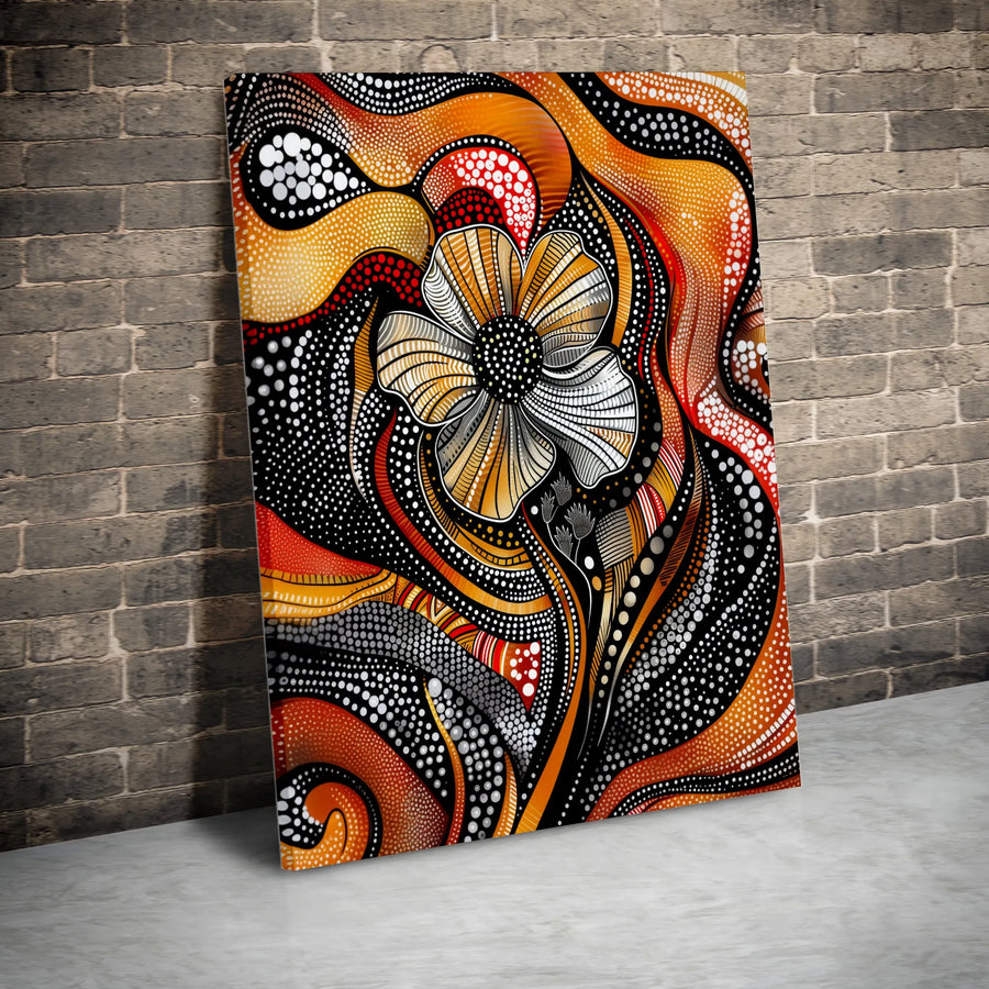 Abstract Floral Canvas Wall Art | Aboriginal Inspired Dot Art Flower | Premium Gallery Wrapped Canvas | Modern Living Room & Office Decor Gift