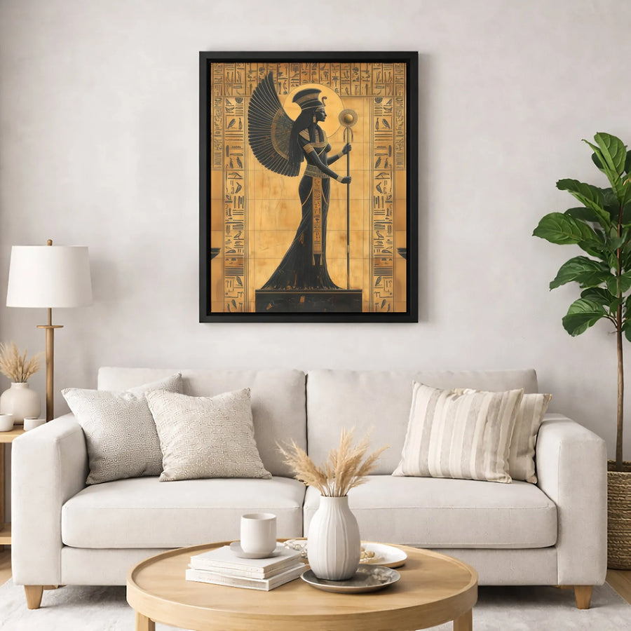 Ancient Egyptian Goddess Canvas Print | Isis Winged Deity Wall Art | Premium Gold & Black Decor | Mythological Historical Home Office Gift