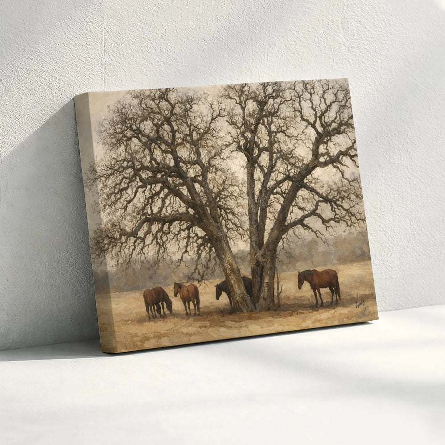 Rustic Horse & Oak Tree Canvas Print | Vintage Farmhouse Landscape Painting | Premium Canvas | Living Room & Bedroom Decor Gift