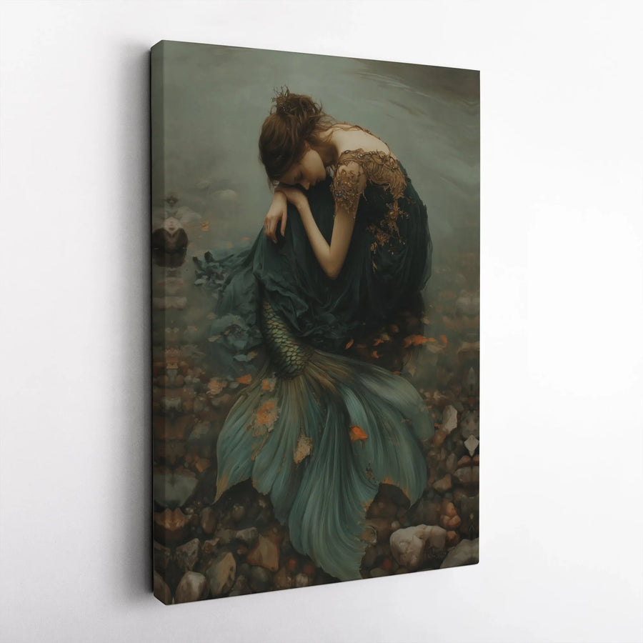 Melancholy Mermaid Wall Art | Fantasy Portrait Canvas Print | Gallery Wrap 1.25" Wooden Frame | Atmospheric Home Decor Gift