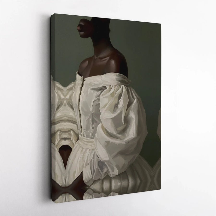 Black Woman Portrait Wall Art | Elegant White Gown Oil Painting Style | Premium Gallery Wrap Canvas | Sophisticated Home Decor Gift