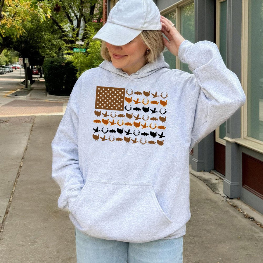 American Flag Hunting Hoodie | Deer Duck Fish Wildlife Graphic | Premium Cotton Blend | Patriotic Gift for Outdoorsman Hunter
