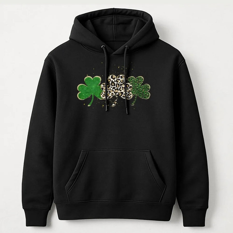 St Patrick's Day Shamrock Hoodie | Leopard Print Lucky Clover Graphic | Premium Cotton Blend | Unisex Irish Festival Gift for Women & Men