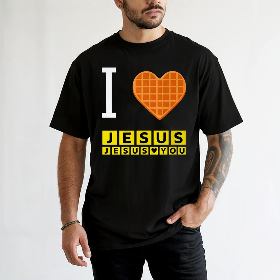 I Love Jesus Waffle Heart T-Shirt | Funny Christian Breakfast Graphic Tee | 100% Cotton Premium Soft Shirt | Faith Based Religious Gift