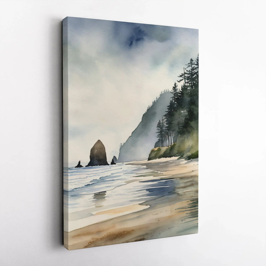 Coastal Seascape Vertical Canvas | Watercolor Rocky Shore Print | Premium High-Resolution Art | Minimalist Wall Decor Gift