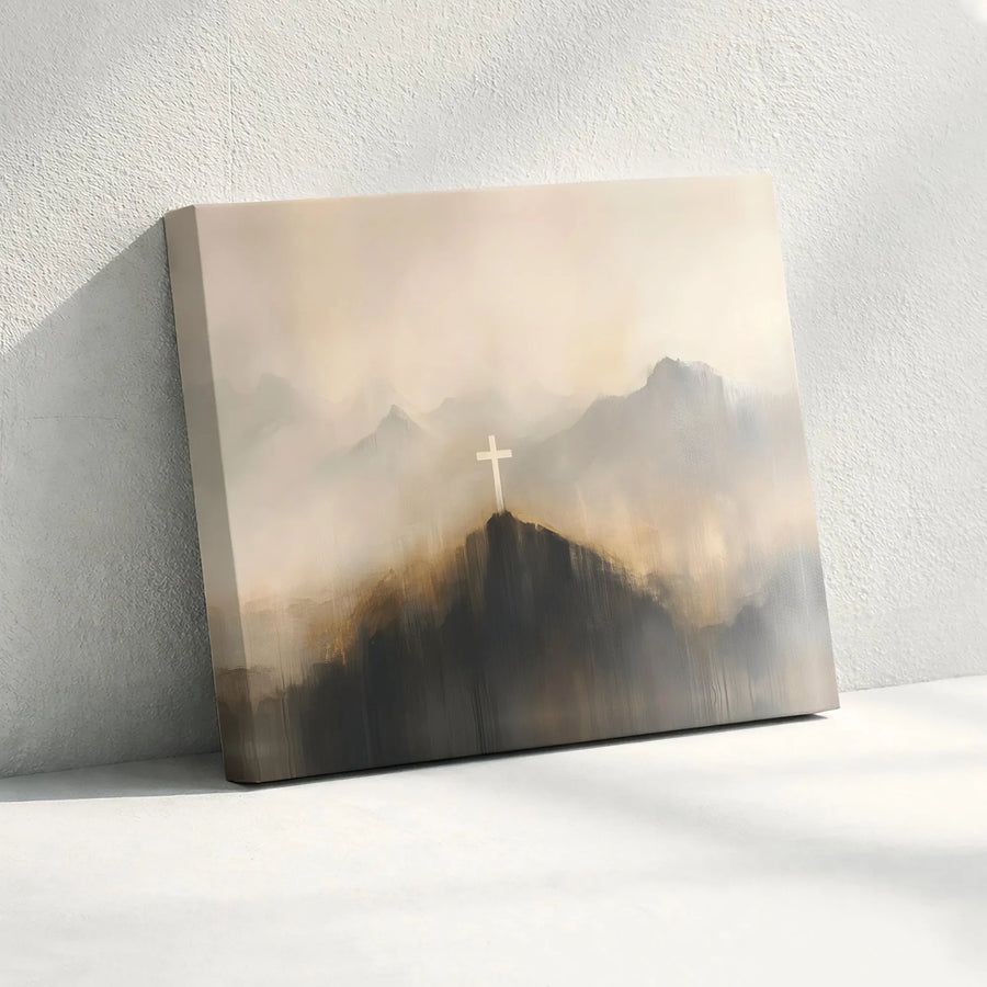 Christian Cross Canvas Wall Art | Abstract Mountain Landscape Print | Premium 1.25 Inch Gallery Wrap | Religious Home Decor Gift